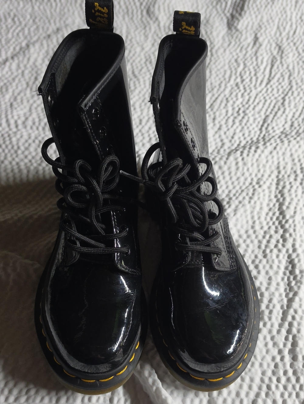 Dr. Martens Black Patent Lace-Up Ankle Boots with Yellow Stitching
